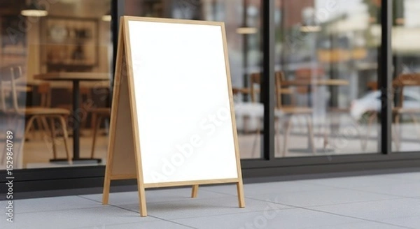 Fototapeta  A blank sandwich board stands outside a modern cafe on a sunny street, inviting customers to read upcoming specials or announcements. 
