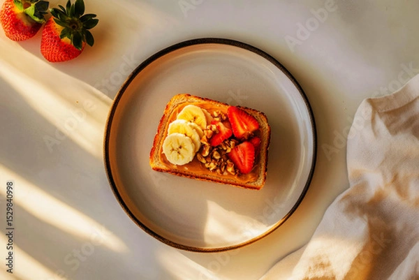 Fototapeta A colorful sandwich is prepared with layers of banana, strawberries, peaches, and granola, resting on a light plate in a warm kitchen ambiance