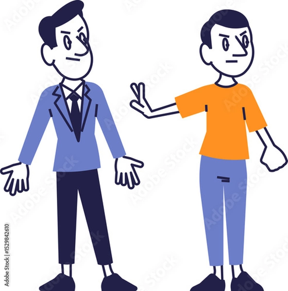 Obraz Flat design conflict between two men – casual vs formal character disagreement, argument, confrontation, expressive cartoon style.