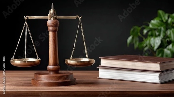 Obraz Scales of justice stand beside a collection of ancient books on a wooden table, set against a dark background with ample copy space