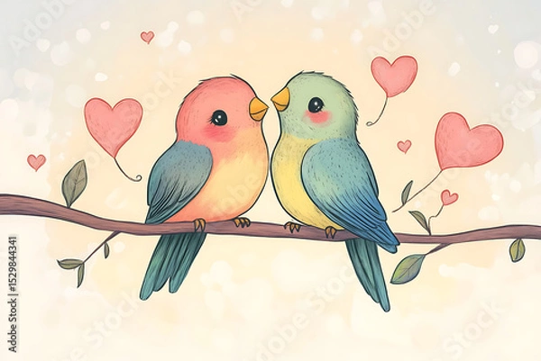 Obraz Two colorful lovebirds perched on a branch, surrounded by hearts in a soft, dreamy background