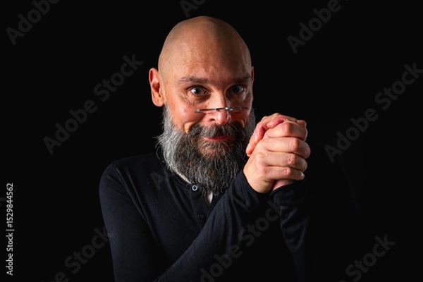 Fototapeta Portrait of a cunning-looking bald man with gray beard and glasses, clasping hands. Dark background. Mischievous or scheming expression. Concept of plotting, sarcasm, or ironic humor
