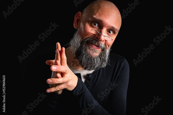 Fototapeta Portrait of a cunning-looking bald man with gray beard and glasses, clasping hands. Dark background. Mischievous or scheming expression. Concept of plotting, sarcasm, or ironic humor