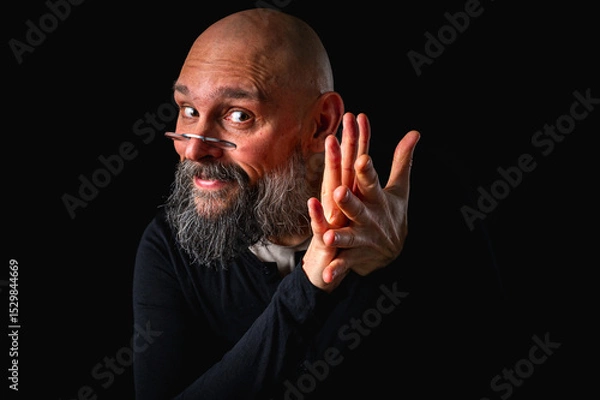 Obraz Portrait of a cunning-looking bald man with gray beard and glasses, clasping hands. Dark background. Mischievous or scheming expression. Concept of plotting, sarcasm, or ironic humor