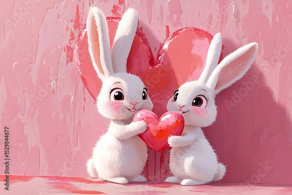 Obraz Two adorable cartoon rabbits holding a heart against a pink backdrop with a heart shape, symbolizing love