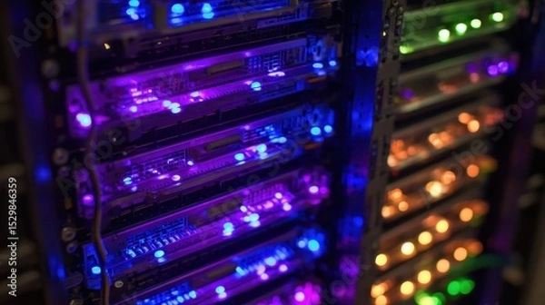 Fototapeta Blinking AI Processor Rack in Data Facility