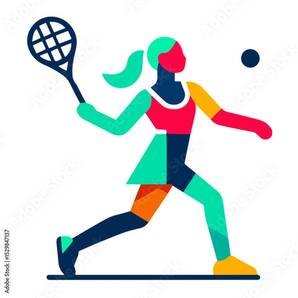Obraz Colorful female tennis vector player in dynamic pose preparing to hit ball with racket vector on transparent background for sport design, youth promotion, and fitness branding