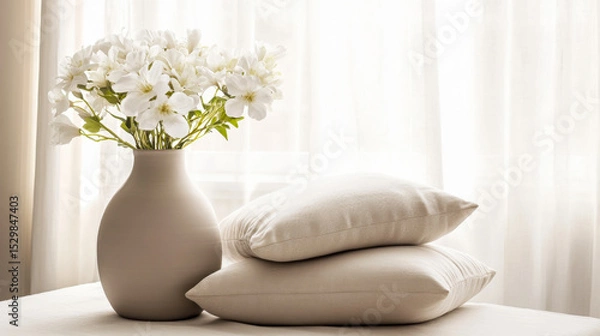 Fototapeta Decorative white flowers in a vase on a cozy windowsill with sunlight streaming through the curtains