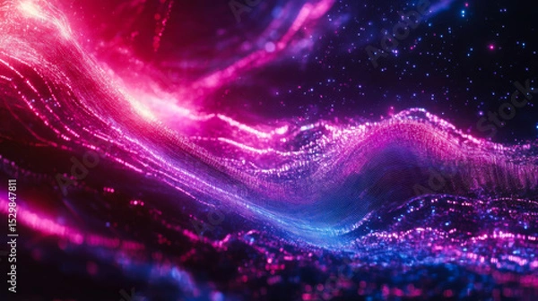 Fototapeta Vibrant abstract waves of pink and blue light creating a magical atmosphere in a dark space
