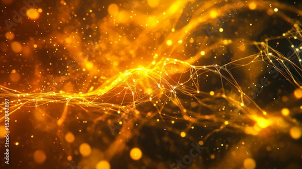 Fototapeta Dynamic golden energy waves flowing through a dark space with shimmering particles at a dramatic angle
