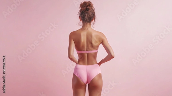 Fototapeta Stylish woman posing in a pink bikini against a soft pastel background in a studio setting