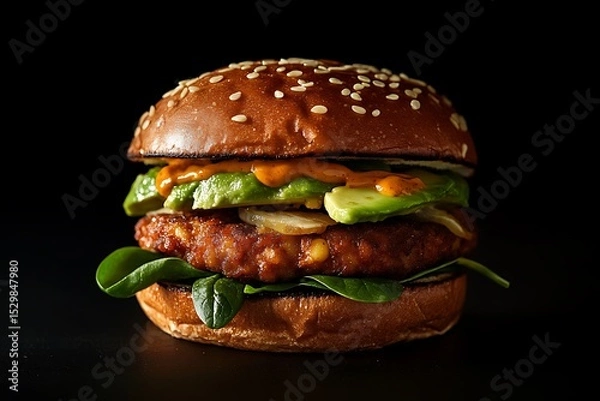 Fototapeta Fresh veggie burger with a thick patty made from chickpeas, topped with avocado, spinach, and spicy mustard