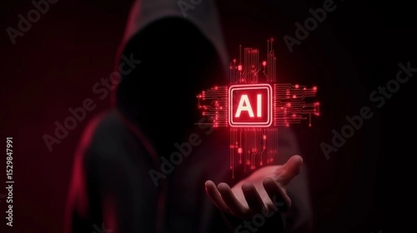 Fototapeta suspicious person no face in black hoodie holding digital hologram Ai symbol floating in air, Ai Caution and risk pros and con concept 