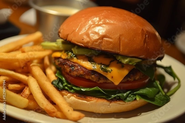 Fototapeta Fresh veggie burger with a thick patty made from chickpeas, topped with avocado, spinach, and spicy mustard