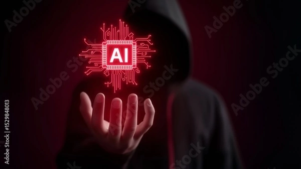 Fototapeta suspicious person no face in black hoodie holding digital hologram Ai symbol floating in air, Ai Caution and risk pros and con concept 