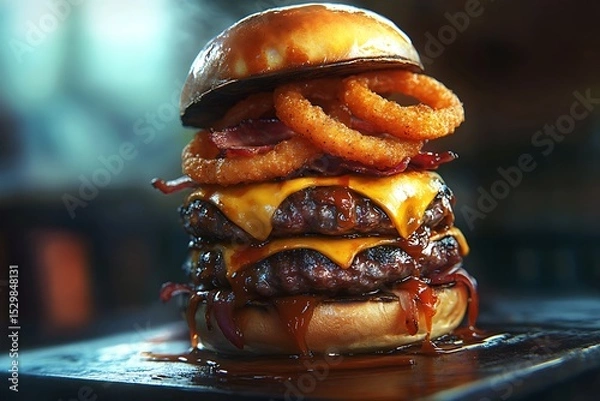 Fototapeta Grilled barbecue burger with a smoky sauce, cheddar cheese, onion rings, and crispy beef stacked high