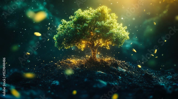 Fototapeta Illuminated tree with glowing leaves in a magical forest setting during twilight
