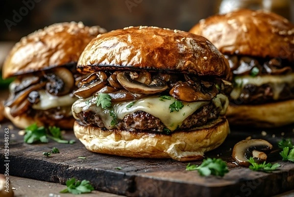 Fototapeta Hearty mushroom and Swiss cheese burger with a juicy beef patty, caramelized onions, and a toasted brioche bun
