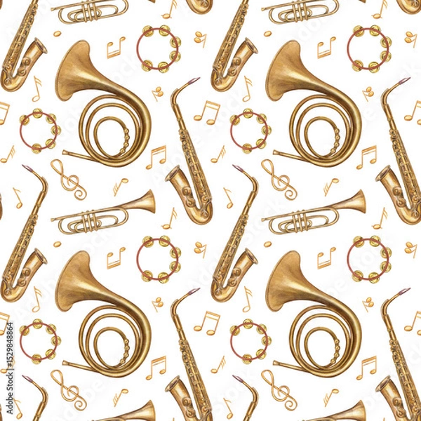 Fototapeta Flying brass musical instruments seamless pattern isolated background. Watercolor saxophone, trumpet, French horn, tambourine and notes in bronze gold tones illustration for jazz festival, textile
