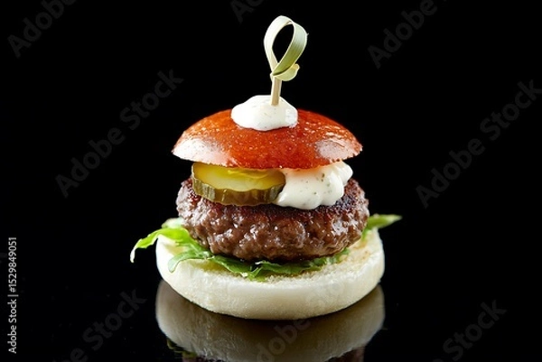 Fototapeta Irresistible slider burger with a mini beef patty, creamy sauce, lettuce, and pickles, served in a bite-sized bun