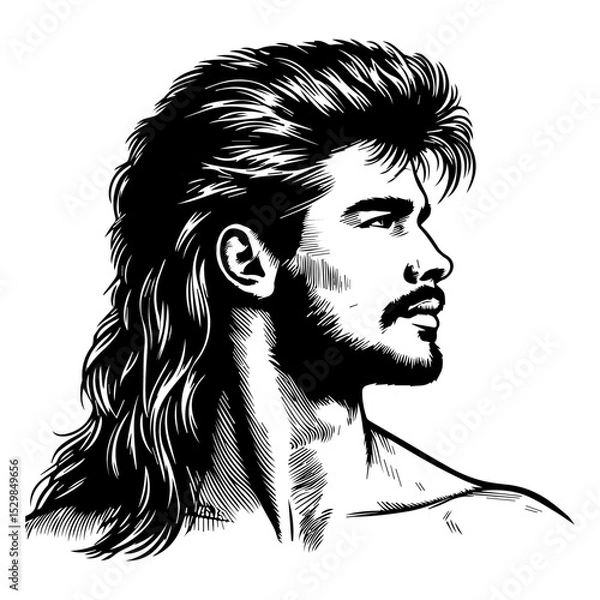Fototapeta A black vector sketch of a mullet hairstyle from the 90s.