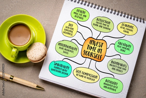Obraz Invest time in yourself - putting energy into your own wellbeing, growth, and restoration. Infographics mind map sketch.