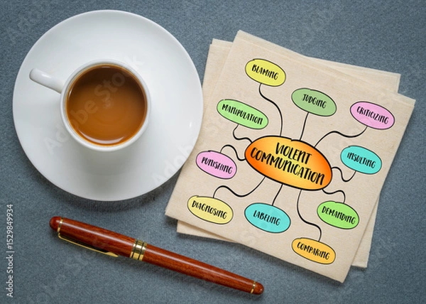 Obraz Violent communication, not only to overt aggression, but to any form of interaction that causes harm, disconnect, or domination - whether verbal, emotional, or nonverbal. Infographics sketch.