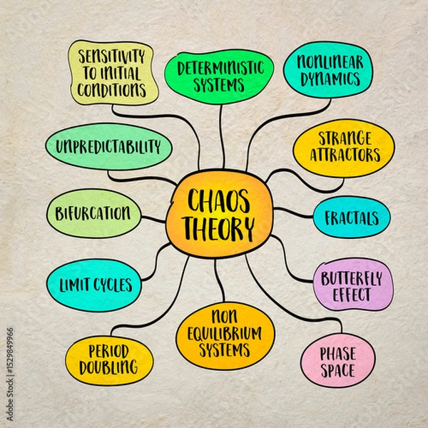 Obraz Chaos theory, a branch of mathematics and physics that studies complex systems whose behavior is highly sensitive to initial conditions, mind map infographics sketch.