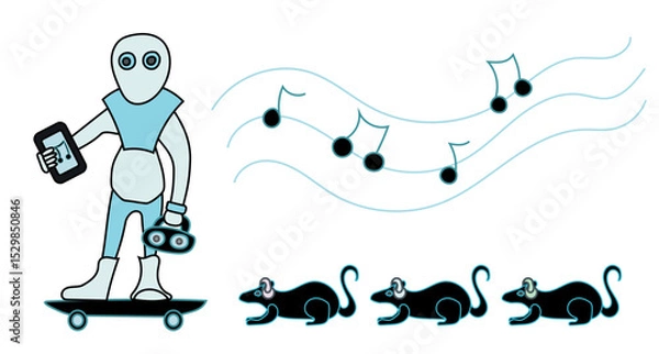 Obraz A robot character on a skateboard playing music from his cell phone on a music player with speakers, attracting rats with tiny headsets. Futuristic concept of Rat-catcher, also called Pied Piper. 