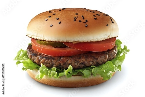Fototapeta Neat veggie burger with a black bean patty, fresh tomato slices, lettuce, and a perfectly toasted whole-grain bun