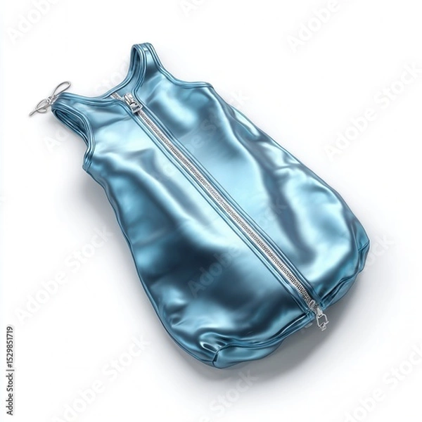 Fototapeta A shiny, metallic blue sleeveless garment with a front zipper, resembling a modern, futuristic outfit or wearable accessory.