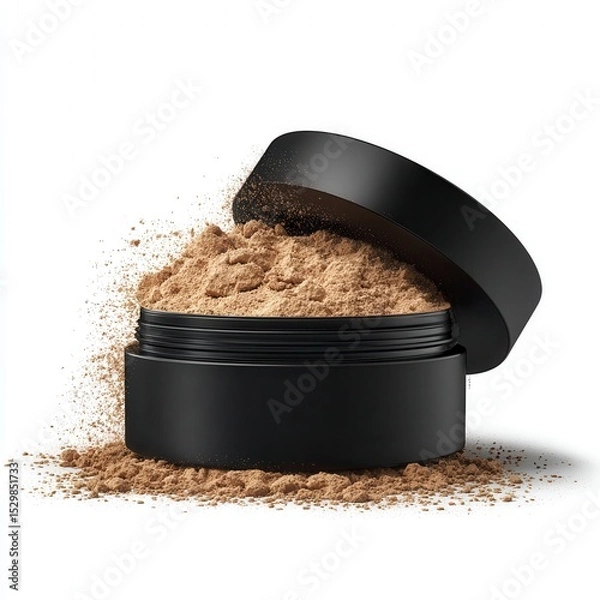 Fototapeta Open black container filled with loose beige cosmetic powder, some powder spilled around it on a white background.