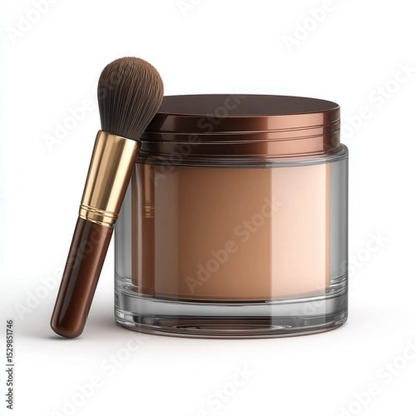 Fototapeta A clear jar of brown loose face powder with a makeup brush resting against it on a white background.