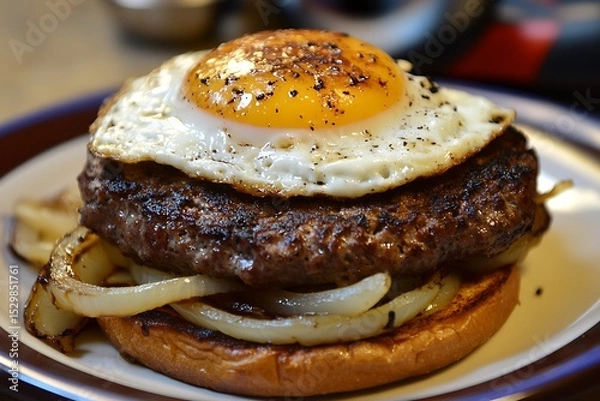 Fototapeta Open-faced burger with a tender beef patty, grilled onions, and a fried egg on top, served on a crispy bun