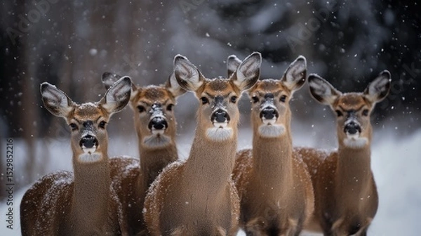 Fototapeta Five deer in a snowy forest scene.
