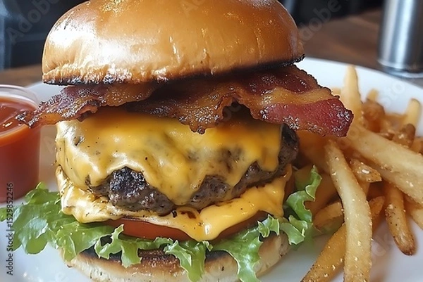 Fototapeta Perfectly stacked cheeseburger with a grilled beef patty, melted cheese, lettuce, tomato, and crispy beef