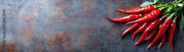 Obraz Red Chili Peppers on Rustic Background, Spicy Food Photography, Culinary Image Chili Peppers, Food Photography