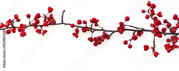 Obraz Red Plum Blossom Branch on White, Spring Bloom, Asian Flower Spring, Botany