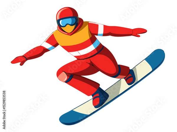 Obraz A vibrant red snowboarder, clad in a matching helmet and goggles, executes a dynamic maneuver, isolated on white background