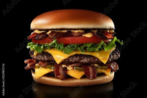 Fototapeta Triple-decker burger stacked with three juicy beef patties, melted cheese, lettuce and tomato 