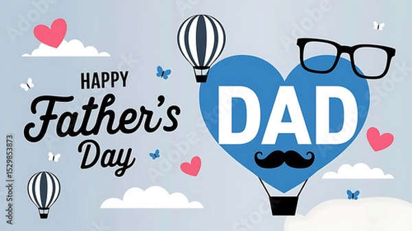 Obraz Happy Father's Day greeting card with heart shaped hot air balloon, mustache, and glasses