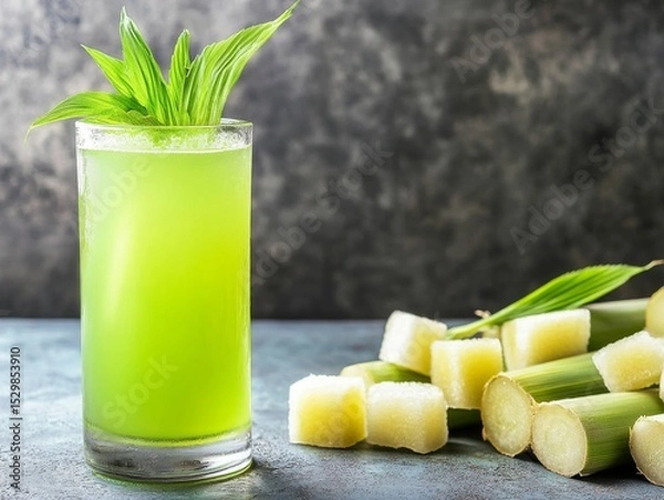 Obraz Refreshing Sugarcane Juice with Garnish, Sugarcane Drink Recipe Sugarcane juice, healthy drink