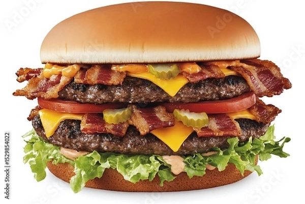 Fototapeta Triple-decker burger stacked with three juicy beef patties, melted cheese, lettuce and tomato 