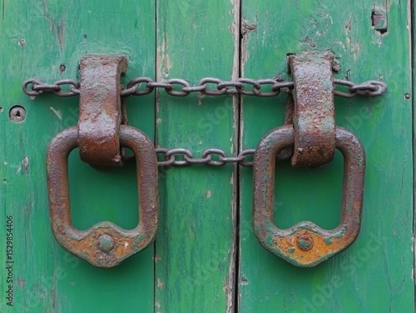 Obraz Rusty Chain and Green Door Clasps, Vintage Door Hardware, Old Door Security Vintage Door, Rustic Hardware