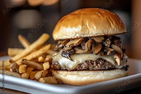 Fototapeta Wild mushroom burger featuring a thick mushroom patty, Swiss cheese, and sautéed mushrooms, served on a soft bun