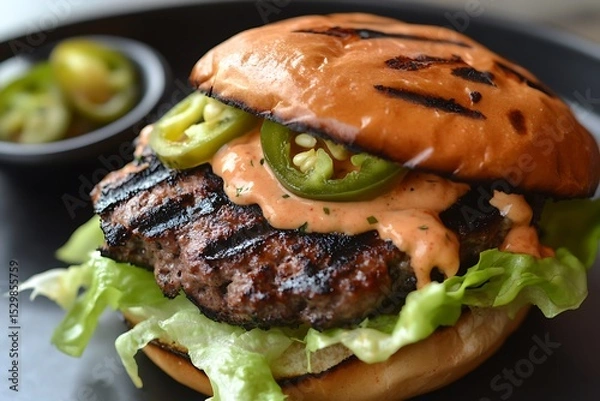 Fototapeta Zesty chipotle burger with a grilled beef patty, chipotle mayo, fresh lettuce, and spicy pickled jalapeños