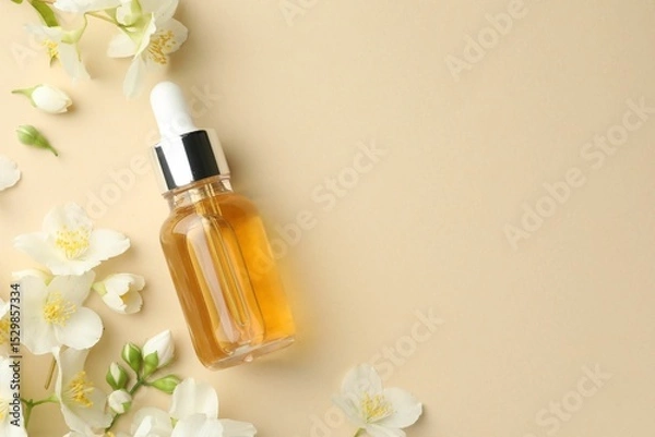 Obraz Essential oil and beautiful jasmine flowers on beige background, flat lay. Space for text