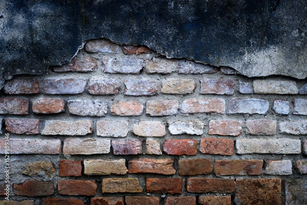 Obraz Close up of weathered orange brick wall with rough, aged texture and cracks. Old facade texture used in retro industrial backgrounds and wall surfaces