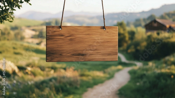 Fototapeta A blank wooden signboard hangs from a post in a tranquil rural landscape.