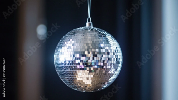 Fototapeta A shimmering silver disco ball hangs from a thin string against a dark background